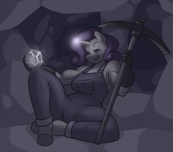 Size: 1200x1058 | Tagged: safe, artist:ethanqix, rarity, unicorn, anthro, unguligrade anthro, g4, big breasts, breasts, busty rarity, cavern, clothes, female, gloves, hoof feet, magic, mare, miner, muscles, overalls, pickaxe, ripped rarity, smiling, solo