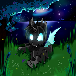Size: 2000x2000 | Tagged: safe, artist:saralien, oc, oc only, changeling, changeling oc, cute, forest, galaxy, high res, male, solo