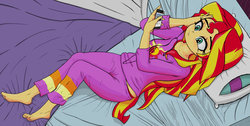 Size: 1024x516 | Tagged: safe, artist:nin10ja, sunset shimmer, equestria girls, g4, barefoot, bed, clothes, dream theater, feet, female, headphones, ipod, music, pajamas, solo