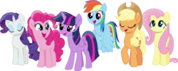 Size: 5781x2308 | Tagged: safe, artist:frownfactory, applejack, fluttershy, pinkie pie, rainbow dash, rarity, twilight sparkle, alicorn, earth pony, pegasus, pony, unicorn, g4, my little pony: the movie, .svg available, cowboy hat, eyes closed, female, folded wings, hat, high res, mane six, mare, simple background, smiling, standing, svg, transparent background, twilight sparkle (alicorn), vector, wings