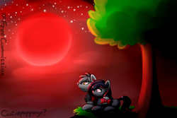 Size: 1800x1200 | Tagged: safe, artist:cutiepoppony, oc, oc only, pony, blood moon, commission, couple, moon, night, prone, red, tree