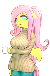 Size: 1196x1791 | Tagged: safe, artist:sigpi, fluttershy, pegasus, anthro, g4, alternate hairstyle, big breasts, breasts, busty fluttershy, clothes, cup, cute, female, mare, ribbed sweater, shyabetes, simple background, smiling, solo, sweater, sweatershy
