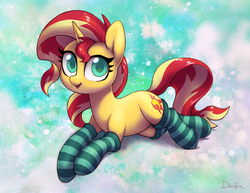 Size: 1943x1501 | Tagged: safe, artist:dawnfire, sunset shimmer, pony, unicorn, g4, abstract background, clothes, cute, female, mare, prone, shimmerbetes, socks, solo, striped socks
