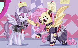 Size: 8217x5034 | Tagged: safe, artist:docwario, fluttershy, inky rose, bat pony, pegasus, pony, g4, honest apple, absurd resolution, carousel boutique, clothes, dress, duo, female, flutterbat, gothic lolita, lolita fashion, mare, mouth hold, race swap, raised hoof, smiling