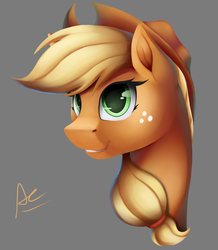 Size: 1740x2000 | Tagged: safe, artist:ac-whiteraven, applejack, earth pony, pony, g4, bust, cowboy hat, female, freckles, hat, mare, portrait, signature, simple background, smiling, solo, stetson
