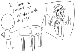 Size: 664x453 | Tagged: artist needed, source needed, safe, rainbow dash, oc, oc:anon, pegasus, pony, g4, /mlp/, black and white, dialogue, doodle, fetish, grayscale, monochrome, projector