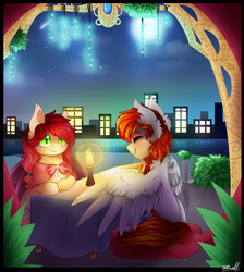 Size: 2550x2852 | Tagged: safe, artist:cloud-drawings, oc, oc only, oc:dreamie, oc:heartfire, bat pony, pegasus, pony, candle, commission, dreamfire, duo, female, high res, mare, night, table