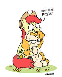 Size: 1441x1792 | Tagged: safe, artist:bobthedalek, bright mac, pear butter, earth pony, pony, g4, the perfect pear, cute, dialogue, female, hug, looking down, male, pear butt, pear butt-er, pear butter is not amused, scrunchy face, ship:brightbutter, shipping, simple background, sitting, smiling, straight, unamused, white background