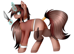 Size: 1964x1440 | Tagged: safe, artist:despotshy, oc, oc only, pony, clothes, female, knife, magic, mare, shirt, simple background, solo, tail wrap, transparent background