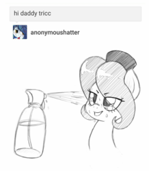 Size: 1076x1232 | Tagged: safe, artist:trickydick, oc, oc only, oc:hattsy, pony, ask, grayscale, grin, monochrome, smiling, solo, spray bottle, tumblr