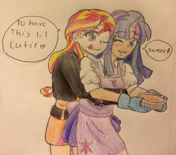 Size: 1024x904 | Tagged: safe, artist:fallenangel5414, sunset shimmer, twilight sparkle, human, g4, alternate clothes, cooking, cute, female, food, horn, horned humanization, hug, human coloration, humanized, lesbian, one eye closed, pie, shimmerbetes, ship:sunsetsparkle, shipping, simple background, traditional art, twiabetes
