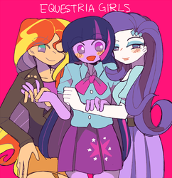 Size: 800x828 | Tagged: safe, artist:amitie-tan, rarity, sunset shimmer, twilight sparkle, equestria girls, g4, blushing, cute, female, holding hands, hug, lesbian, looking at you, one eye closed, pink background, polyamory, rarilightshimmer, ship:rarilight, ship:sunsetsparkle, shipping, simple background, twiabetes, twilight sparkle gets all the mares
