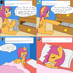 Size: 1600x1600 | Tagged: safe, artist:jake heritagu, scootaloo, pony, comic:ask motherly scootaloo, g4, bed, comic, dresser, hairpin, motherly scootaloo, pillow, sweatshirt, undressing
