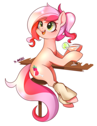 Size: 1688x2201 | Tagged: safe, artist:renokim, oc, oc only, oc:cheers, earth pony, pony, female, glass, leg warmers, mare, simple background, solo, stool, white background