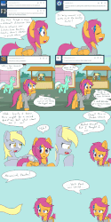 Size: 1200x2400 | Tagged: safe, artist:jake heritagu, derpy hooves, lyra heartstrings, scootaloo, pony, comic:ask motherly scootaloo, g4, animated, ask, comic, female, food stand, gif, hairpin, motherly scootaloo, ponyville, sweatshirt, time glitch