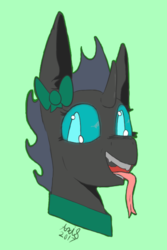 Size: 569x850 | Tagged: safe, artist:axisthechangeling, oc, oc only, oc:axis the changeling, changeling, blue eyes, bow, changeling oc, clothes, eyelashes, outline, scarf, shading practice, signature, solo, tongue out