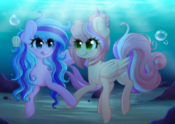 Size: 3357x2396 | Tagged: safe, artist:fluffymaiden, oc, oc only, oc:sweet skies, oc:swirly shells, merpony, pegasus, pony, commission, duo, female, high res, lesbian, mare, oc x oc, shipping, underwater