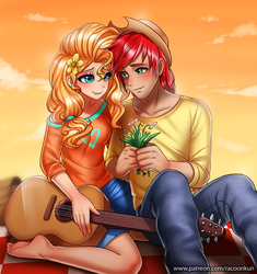 Size: 860x915 | Tagged: safe, artist:racoonsan, bright mac, pear butter, human, g4, the perfect pear, acoustic guitar, applejack's parents, barefoot, clothes, cowboy hat, cute, feet, female, guitar, hat, heart, heart eyes, humanized, husband and wife, male, musical instrument, pants, ship:brightbutter, shipping, shorts, stetson, straight, wingding eyes