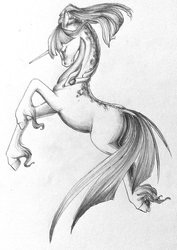 Size: 1024x1448 | Tagged: safe, artist:oneiria-fylakas, oc, oc only, oc:makao, pony, unicorn, female, mare, monochrome, solo, traditional art