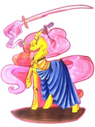 Size: 1024x1367 | Tagged: safe, artist:oneiria-fylakas, oc, oc only, oc:katana bloom, pony, unicorn, clothes, dress, female, katana, magic, mare, raised hoof, solo, sword, traditional art, weapon