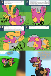 Size: 2560x3840 | Tagged: safe, artist:jake heritagu, scootaloo, pegasus, pony, comic:ask motherly scootaloo, g4, ask, blood, comic, factory scootaloo, hairpin, high res, motherly scootaloo, scootaloo can't fly, sweatshirt