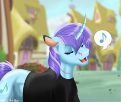 Size: 2360x1992 | Tagged: safe, artist:shadeila, oc, oc only, oc:aqua song, pony, unicorn, clothes, curved horn, female, horn, mare, singing, solo