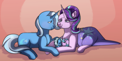 Size: 1024x510 | Tagged: safe, artist:kitkatsart, starlight glimmer, trixie, oc, oc:blueberry, oc:mystic curse, pony, unicorn, g4, cape, clothes, female, foal, holding hooves, lesbian, magical lesbian spawn, mare, offspring, prone, ship:startrix, shipping, simple background, smiling, teary eyes, trixie's cape