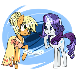 Size: 800x800 | Tagged: safe, artist:rosethekitty11, applejack, rarity, earth pony, pony, unicorn, g4, alternate hairstyle, bandage, clothes, cute, dress, female, jackabetes, magic, mare, ponytail