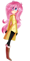 Size: 500x1000 | Tagged: safe, artist:rosethekitty11, fluttershy, human, g4, boots, clothes, coat, cute, female, humanized, shoes, simple background, solo, sweater, sweatershy, white background