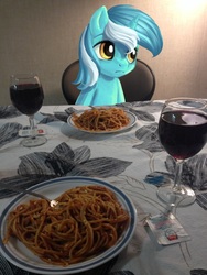 Size: 768x1024 | Tagged: safe, edit, lyra heartstrings, pony, g4, alcohol, food, glass, irl, pasta, photo, ponies in real life, solo, spaghetti, table, waifu, waifu dinner, wine, wine glass