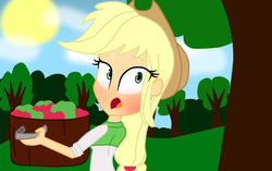 Size: 1024x644 | Tagged: safe, artist:rosethekitty11, applejack, equestria girls, g4, apple, bucket, food, orchard, sweat, worried