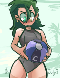 Size: 2550x3300 | Tagged: safe, artist:dracojayproduct, oc, oc only, oc:willow, human, beach ball, blushing, clothes, high res, humanized, humanized oc, one-piece swimsuit, solo, swimsuit