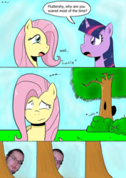 Size: 752x1063 | Tagged: safe, artist:sonikku001, edit, fluttershy, twilight sparkle, pony, g4, brony stereotype, meme, neckbeard, open mouth, scared, stalker, tree, wavy mouth, wide eyes