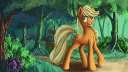 Size: 5120x2880 | Tagged: safe, artist:ailynd, applejack, earth pony, pony, g4, female, forest, freckles, high res, mare, sign, smiling, solo, tree