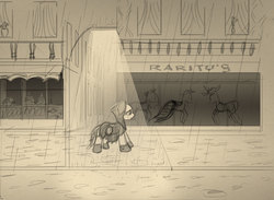 Size: 1876x1370 | Tagged: dead source, safe, artist:lunebat, pony, female, mare, monochrome, rain, sketch, solo, street