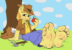 Size: 1280x901 | Tagged: safe, artist:arcadias, artist:kuroi-wolf, braeburn, anthro, plantigrade anthro, g4, 4 toes, ankles, apple, barefoot, bedroom eyes, big feet, blushing, boots, clothes, colored sketch, discarded clothing, feet, fetish, food, foot fetish, grass, looking at you, male, male feet, shoes, socks, soles, solo, sweat, toes, tree