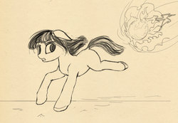 Size: 2341x1617 | Tagged: safe, artist:lunebat, pony, female, fireball, mare, monochrome, panic, running, sketch, solo