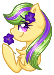 Size: 468x638 | Tagged: safe, artist:sketchyhowl, oc, oc only, oc:purple pansy, earth pony, pony, bust, chest fluff, female, flower, mare, portrait, simple background, solo, transparent background
