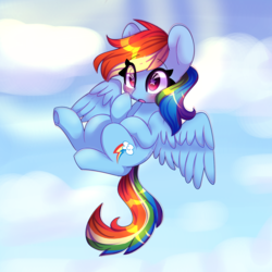 Size: 1500x1500 | Tagged: safe, artist:lnspira, rainbow dash, pegasus, pony, g4, blushing, chibi, cloud, cute, dashabetes, female, flying, mare, solo, starry eyes, wingding eyes