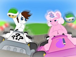 Size: 1024x768 | Tagged: safe, artist:aarondrawsarts, artist:timidwithapen, oc, oc only, oc:brain teaser, oc:drawalot, pony, collaboration, evil eyes, evil smile, grin, mario kart, smiling, this will end in pain