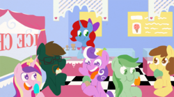 Size: 1000x555 | Tagged: safe, artist:coggler, princess cadance, screwball, oc, oc:creamsicle delight, oc:esplin, pony, g4, food, ice cream, ice cream shop, smiling