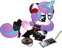 Size: 1107x856 | Tagged: safe, artist:lightningbolt, derpibooru exclusive, princess flurry heart, alicorn, pony, g4, .svg available, blank flank, bow, bring me the horizon, cd, cd case, cd player, choker, clandestine industries, clothes, cobra starship, crossed hooves, drawing, drop dead clothing, ear piercing, earring, emo, eyeliner, eyeshadow, fall out boy, female, figure, fingerless gloves, folded wings, frank iero, gerard way, gloves, glowing horn, headphones, horn, horn piercing, in love, infatuation, it's a phase, jewelry, lip piercing, looking down, makeup, mare, matt pelissier, metal, metalhead, mikey way, my chemical romance, necklace, nose piercing, older, older flurry heart, on the floor, painted horn, panic! at the disco, pencil, piercing, pointy ponies, portable cd player, princess emo heart, prone, ray toro, rock (music), rocker, shirt, show accurate, simple background, smiling, socks, solo, spiked choker, spiked wristband, sticker, story included, striped socks, svg, t-shirt, tail bow, teenage flurry heart, teenager, the used, three cheers for sweet revenge, toy, transparent background, vector, wall of tags, wing piercing, wings, wristband