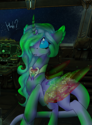 Size: 2216x3000 | Tagged: safe, artist:darsiaradianthorner, oc, oc only, oc:darsia horner, alicorn, pony, alicorn oc, bridge, colored wings, crossover, female, green light, high res, hyperion, multicolored wings, rainbow wings, solo, starcraft 2