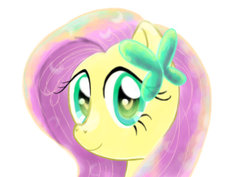 Size: 6071x4299 | Tagged: safe, artist:hananpacha, fluttershy, butterfly, pegasus, pony, g4, absurd resolution, bust, female, looking at you, mare, portrait, simple background, smiling, solo, white background