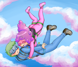 Size: 1280x1103 | Tagged: safe, artist:basketgardevoir, oc, oc only, oc:software patch, oc:windcatcher, human, clothes, cloud, falling, glasses, goggles, hug, humanized, humanized oc, jumpsuit, parachute, sky, skydiving, tackle, this will end in death, windpatch