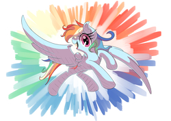 Size: 7016x4961 | Tagged: safe, artist:hananpacha, rainbow dash, pegasus, pony, g4, absurd resolution, female, looking at you, mare, open mouth, rainbow background, rearing, solo, spread wings, wings