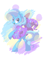 Size: 4961x7016 | Tagged: safe, artist:hananpacha, trixie, pony, unicorn, absurd resolution, bipedal, cape, clothes, female, hat, looking at you, looking back, looking back at you, mare, open mouth, simple background, smiling, solo, trixie's cape, trixie's hat, white background, windswept mane