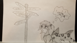 Size: 2000x1125 | Tagged: safe, artist:nightwind-arts, oc, oc only, oc:milani, fish, original species, shark, shark pony, clothes, female, hoodie, jacket, mare, sign, solo, street sign, thought bubble, traditional art
