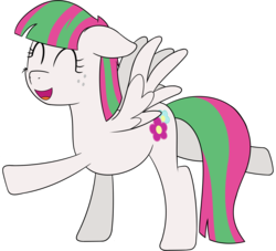 Size: 2033x1849 | Tagged: safe, artist:djdavid98, artist:pc012, blossomforth, pegasus, pony, g4, atg 2017, eyes closed, female, floppy ears, freckles, mare, newbie artist training grounds, simple background, solo, spread wings, stretching, transparent background, wings