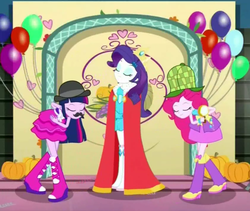 Size: 700x590 | Tagged: safe, screencap, pinkie pie, rarity, twilight sparkle, a photo booth story, equestria girls, g4, my little pony equestria girls: summertime shorts, cape, cloak, clothes, crown, fall formal outfits, jewelry, queen, queen rarity, regalia